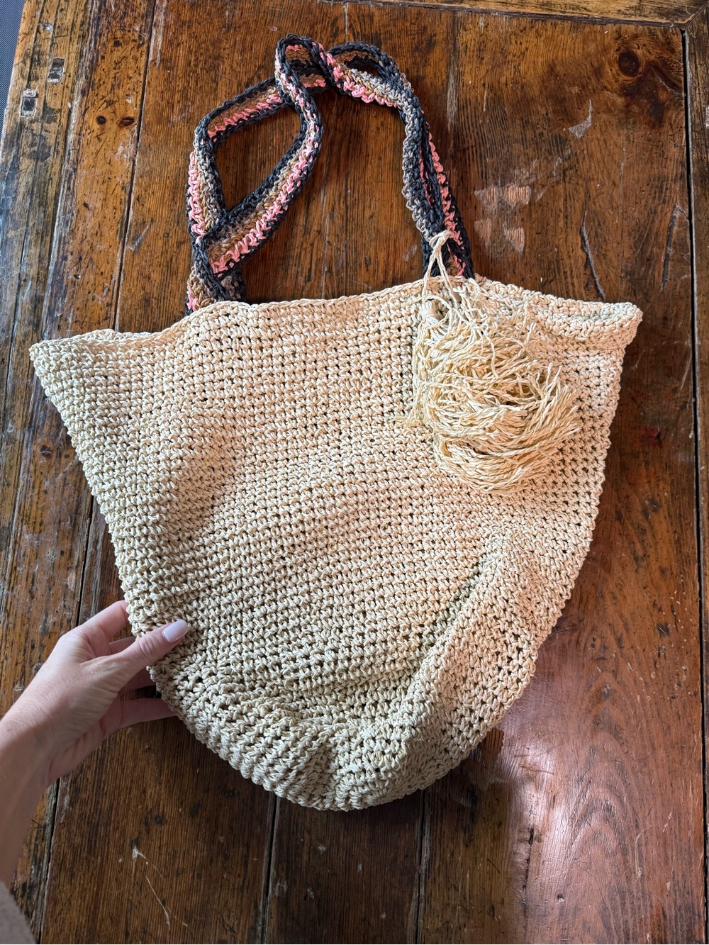 Handwoven Cream Raffia Tote Bag with Decorative Strap - Picture 4 of 4